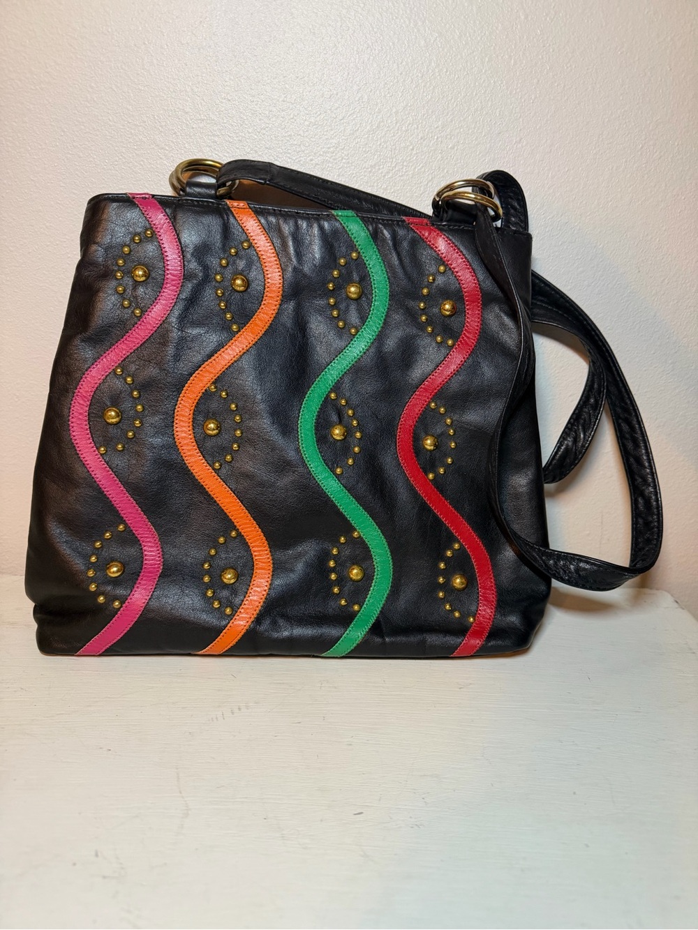 Vintage Black Leather Shoulder Bag with Multicolor Wave Accents and Stud Detail